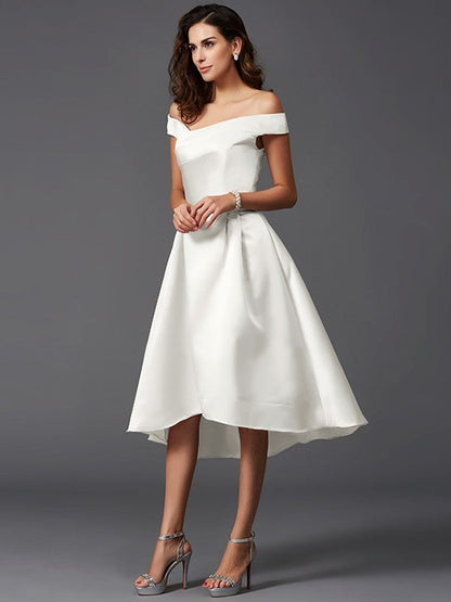 Charming Off-the-Shoulder Sleeveless High Low Satin Bridesmaid Dresses