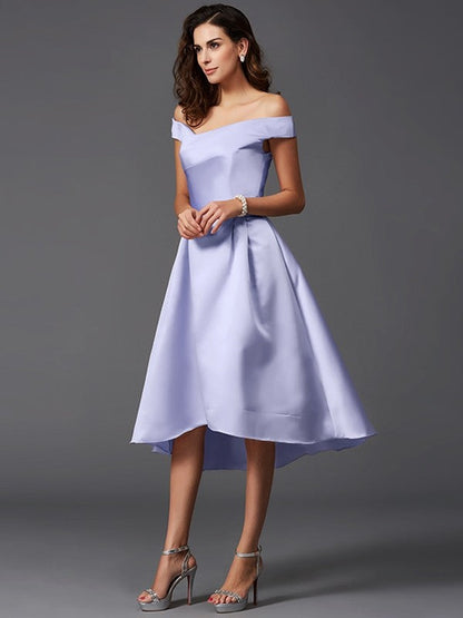 Charming Off-the-Shoulder Sleeveless High Low Satin Bridesmaid Dresses