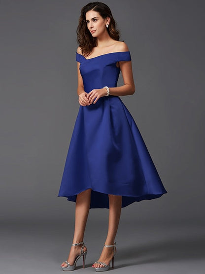 Charming Off-the-Shoulder Sleeveless High Low Satin Bridesmaid Dresses