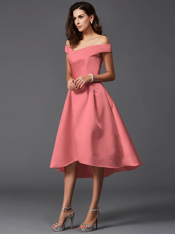 Charming Off-the-Shoulder Sleeveless High Low Satin Bridesmaid Dresses