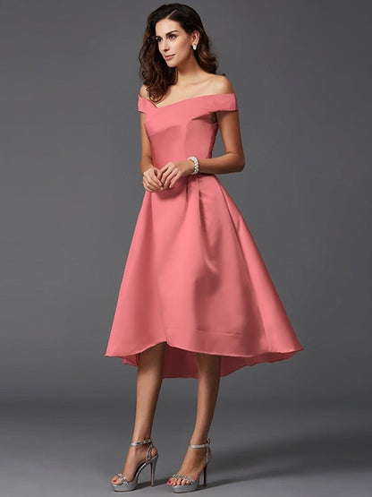 Charming Off-the-Shoulder Sleeveless High Low Satin Bridesmaid Dresses