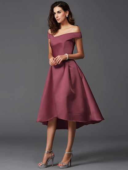 Charming Off-the-Shoulder Sleeveless High Low Satin Bridesmaid Dresses