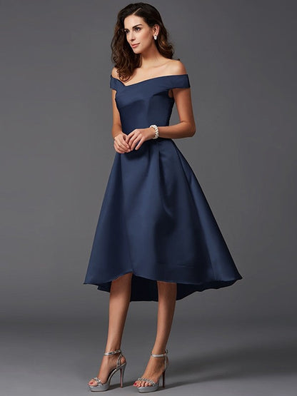 Charming Off-the-Shoulder Sleeveless High Low Satin Bridesmaid Dresses