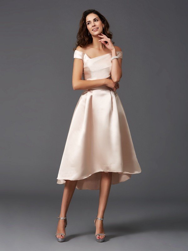 Charming Off-the-Shoulder Sleeveless High Low Satin Bridesmaid Dresses