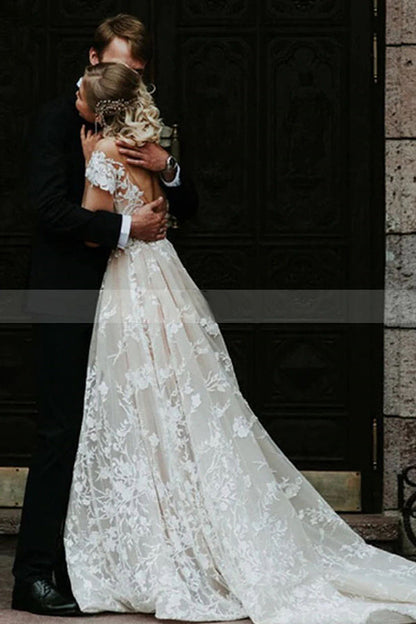 Charming Off the ShoulderFloral Lace Bridal Gown Princess White Aline Wedding Dress