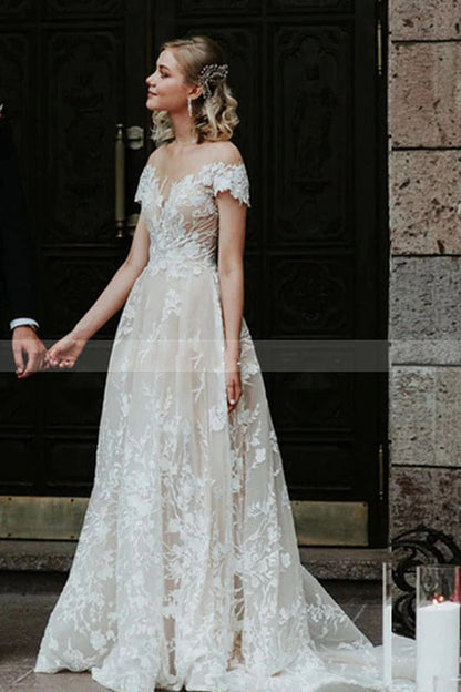 Charming Off the ShoulderFloral Lace Bridal Gown Princess White Aline Wedding Dress