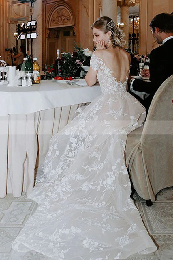 Charming Off the ShoulderFloral Lace Bridal Gown Princess White Aline Wedding Dress