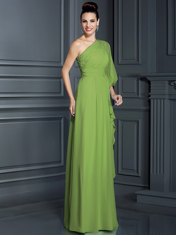 Charming One Shoulder 3/4 Sleeves Long Chiffon Bridesmaid Dresses