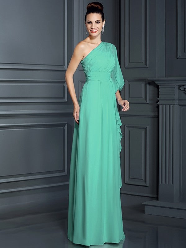 Charming One Shoulder 3/4 Sleeves Long Chiffon Bridesmaid Dresses