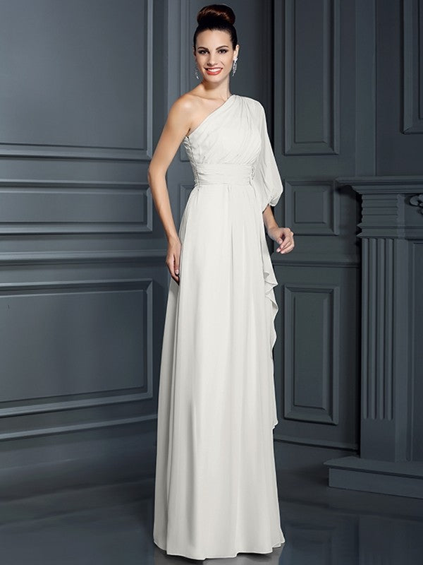 Charming One Shoulder 3/4 Sleeves Long Chiffon Bridesmaid Dresses