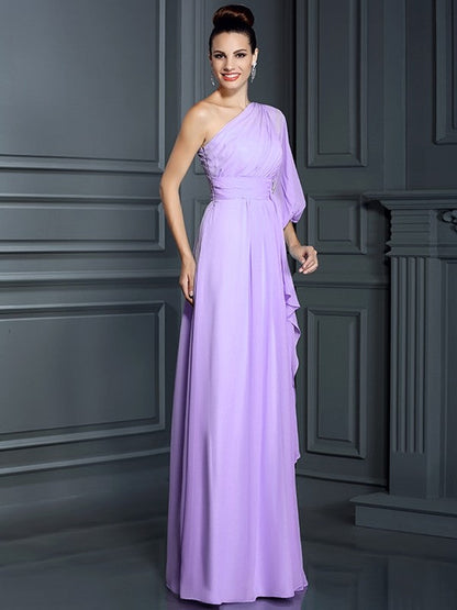 Charming One Shoulder 3/4 Sleeves Long Chiffon Bridesmaid Dresses