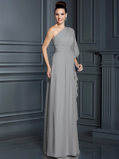 Charming One Shoulder 3/4 Sleeves Long Chiffon Bridesmaid Dresses