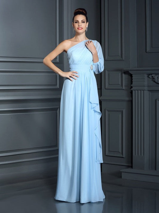 Charming One Shoulder 3/4 Sleeves Long Chiffon Bridesmaid Dresses