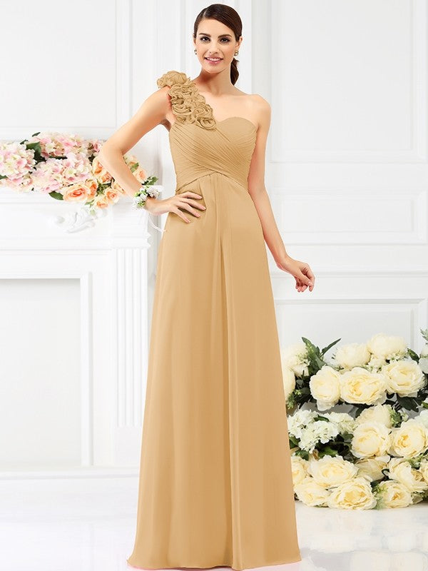 Charming One Shoulder Hand-Made Flower Sleeveless Long Chiffon Bridesmaid Dresses