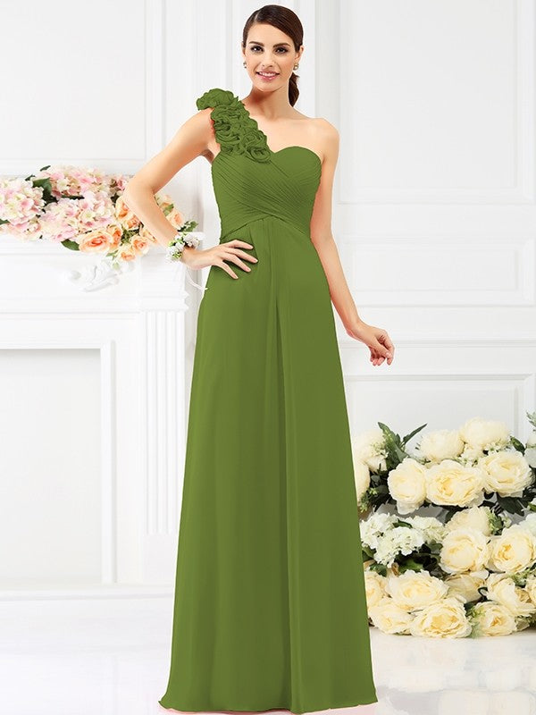 Charming One Shoulder Hand-Made Flower Sleeveless Long Chiffon Bridesmaid Dresses