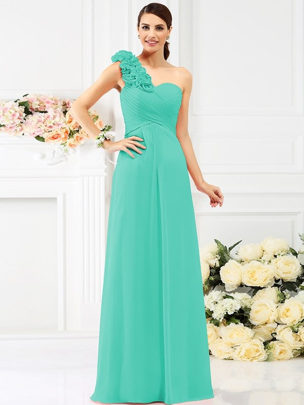 Charming One Shoulder Hand-Made Flower Sleeveless Long Chiffon Bridesmaid Dresses