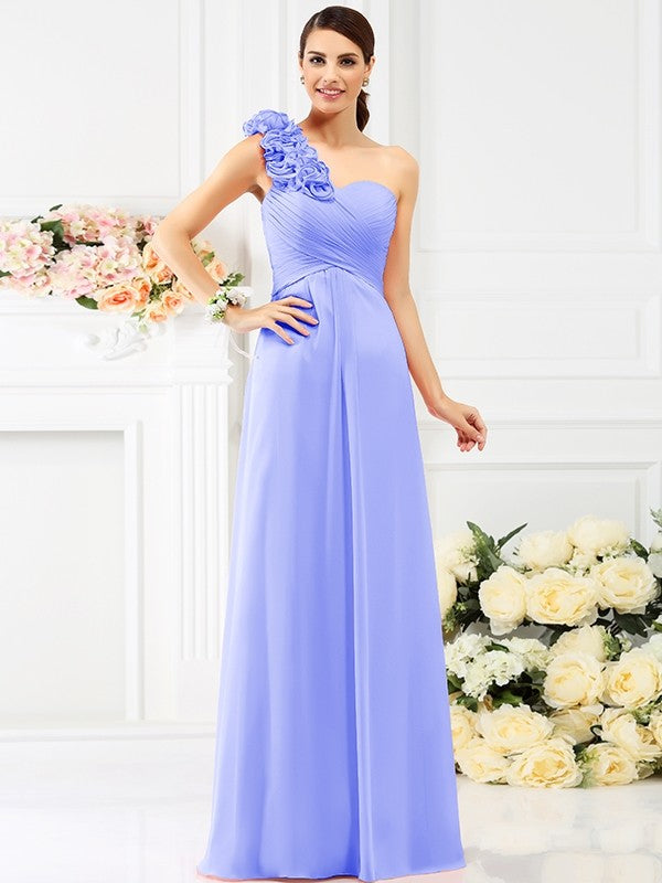 Charming One Shoulder Hand-Made Flower Sleeveless Long Chiffon Bridesmaid Dresses