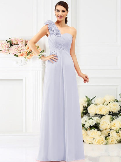 Charming One Shoulder Hand-Made Flower Sleeveless Long Chiffon Bridesmaid Dresses