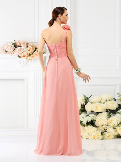 Charming One Shoulder Hand-Made Flower Sleeveless Long Chiffon Bridesmaid Dresses