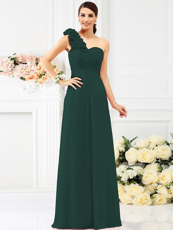 Charming One Shoulder Hand-Made Flower Sleeveless Long Chiffon Bridesmaid Dresses