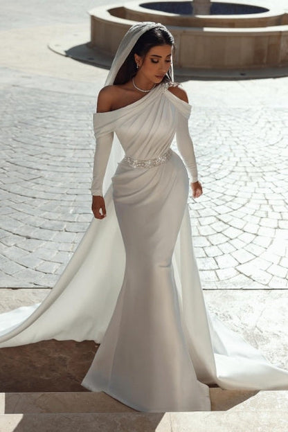 Charming One Shoulder Long Sleeves Mermaid Wedding Dress With Ruffles Long