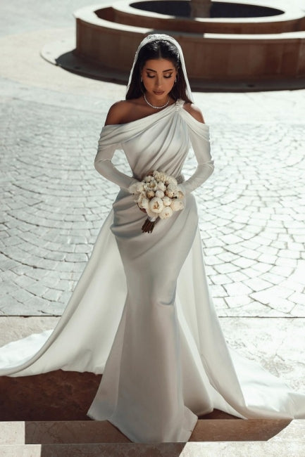 Charming One Shoulder Long Sleeves Mermaid Wedding Dress With Ruffles Long