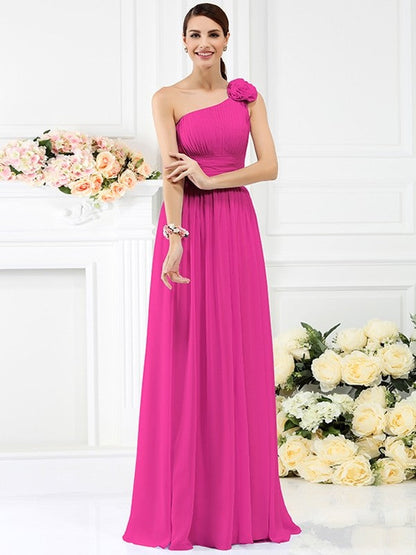 Charming One Shoulder Pleats Hand-Made Flower Sleeveless Long Chiffon Bridesmaid Dresses