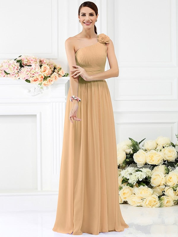 Charming One Shoulder Pleats Hand-Made Flower Sleeveless Long Chiffon Bridesmaid Dresses