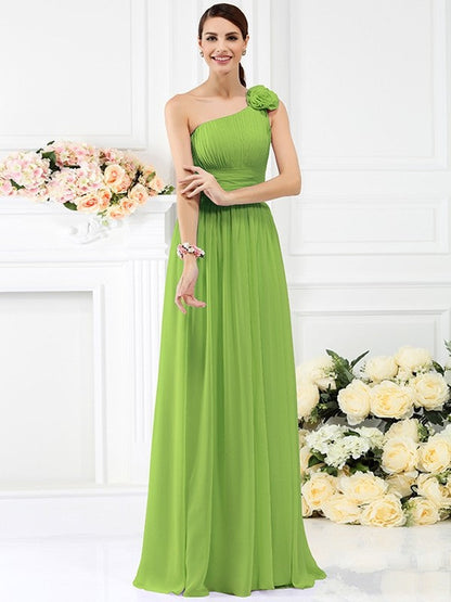 Charming One Shoulder Pleats Hand-Made Flower Sleeveless Long Chiffon Bridesmaid Dresses