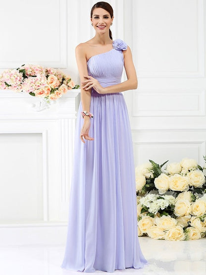 Charming One Shoulder Pleats Hand-Made Flower Sleeveless Long Chiffon Bridesmaid Dresses