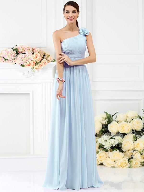 Charming One Shoulder Pleats Hand-Made Flower Sleeveless Long Chiffon Bridesmaid Dresses