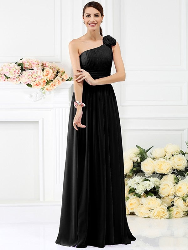 Charming One Shoulder Pleats Hand-Made Flower Sleeveless Long Chiffon Bridesmaid Dresses