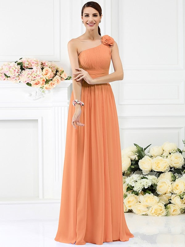 Charming One Shoulder Pleats Hand-Made Flower Sleeveless Long Chiffon Bridesmaid Dresses