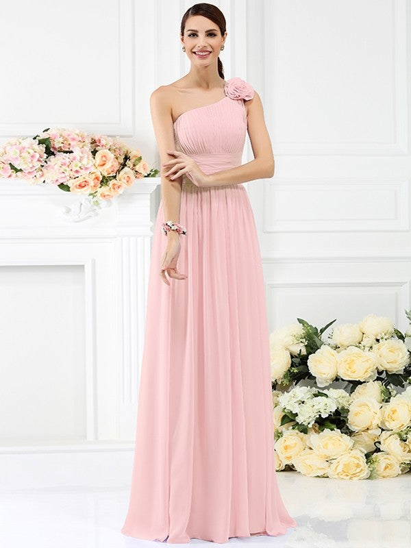 Charming One Shoulder Pleats Hand-Made Flower Sleeveless Long Chiffon Bridesmaid Dresses