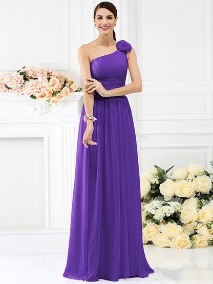 Charming One Shoulder Pleats Hand-Made Flower Sleeveless Long Chiffon Bridesmaid Dresses