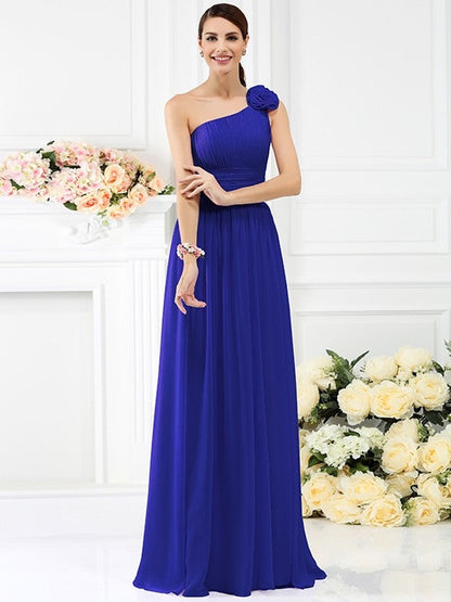 Charming One Shoulder Pleats Hand-Made Flower Sleeveless Long Chiffon Bridesmaid Dresses