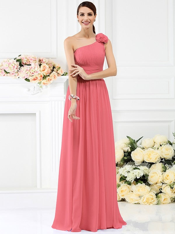 Charming One Shoulder Pleats Hand-Made Flower Sleeveless Long Chiffon Bridesmaid Dresses