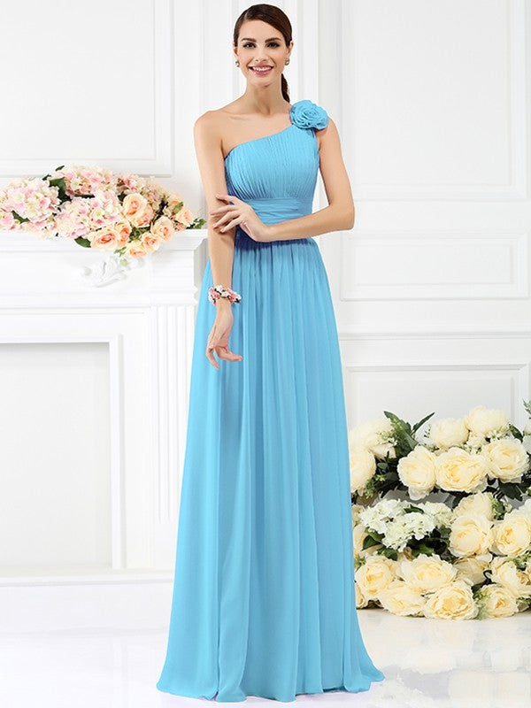 Charming One Shoulder Pleats Hand-Made Flower Sleeveless Long Chiffon Bridesmaid Dresses