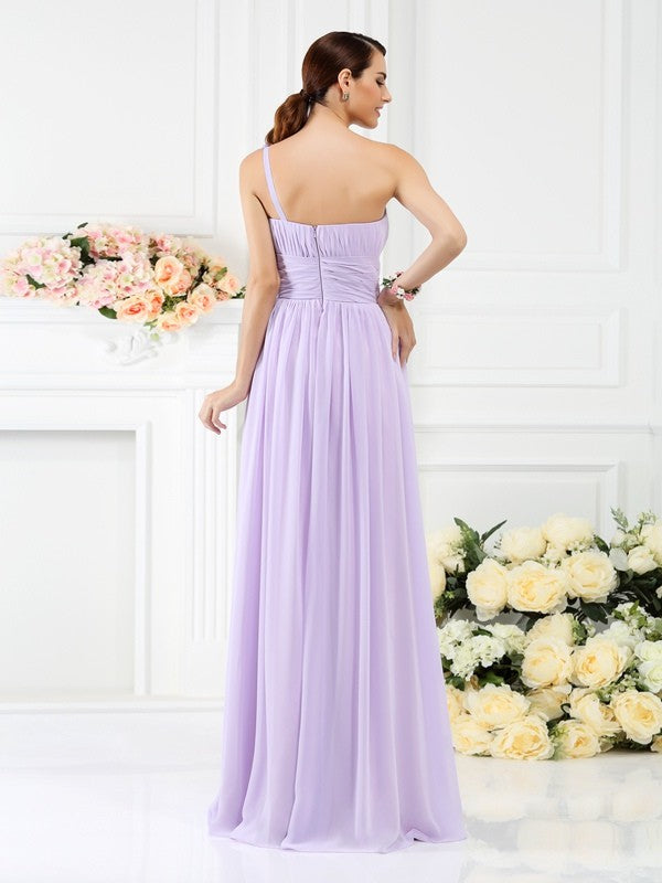 Charming One Shoulder Pleats Hand-Made Flower Sleeveless Long Chiffon Bridesmaid Dresses