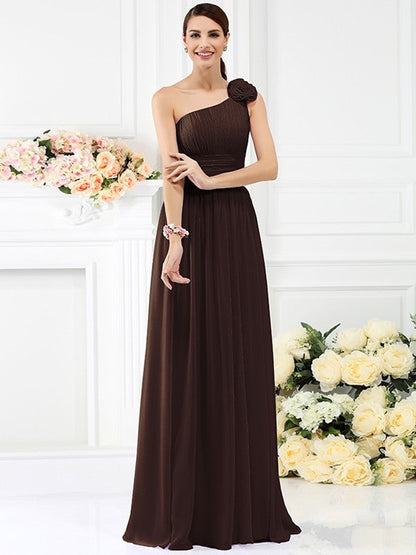 Charming One Shoulder Pleats Hand-Made Flower Sleeveless Long Chiffon Bridesmaid Dresses