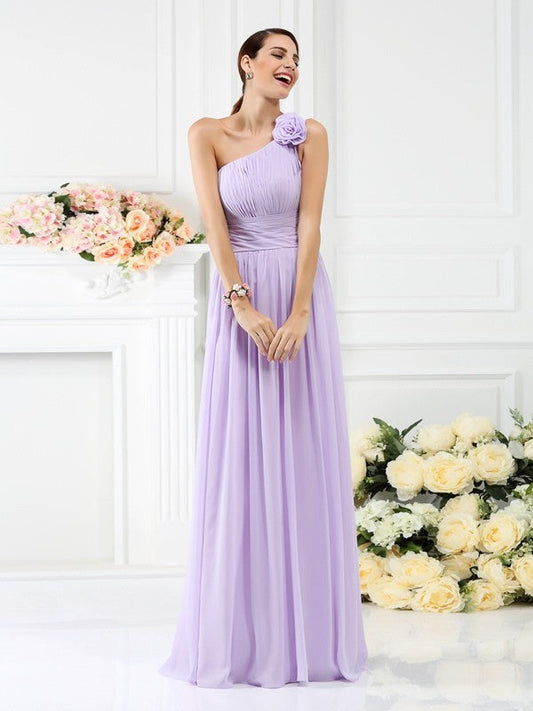 Charming One Shoulder Pleats Hand-Made Flower Sleeveless Long Chiffon Bridesmaid Dresses