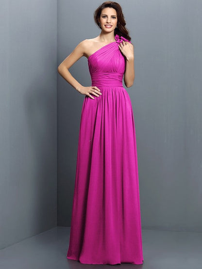 Charming One Shoulder Pleats Sleeveless Long Chiffon Bridesmaid Dresses