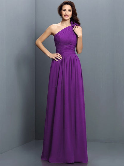 Charming One Shoulder Pleats Sleeveless Long Chiffon Bridesmaid Dresses