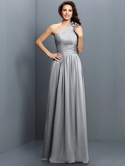 Charming One Shoulder Pleats Sleeveless Long Chiffon Bridesmaid Dresses