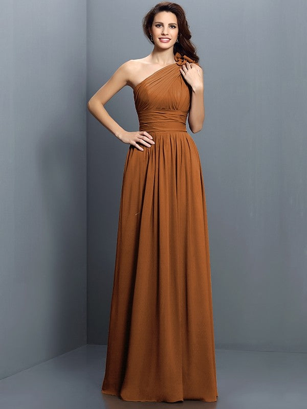 Charming One Shoulder Pleats Sleeveless Long Chiffon Bridesmaid Dresses