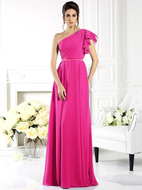 Charming One Shoulder Ruffles Sleeveless Long Chiffon Bridesmaid Dresses