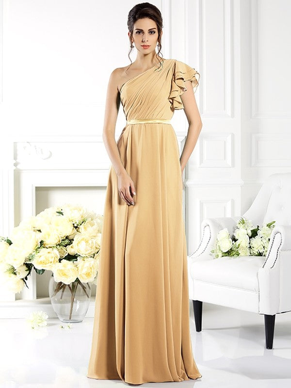 Charming One Shoulder Ruffles Sleeveless Long Chiffon Bridesmaid Dresses