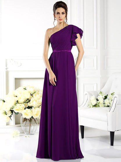 Charming One Shoulder Ruffles Sleeveless Long Chiffon Bridesmaid Dresses