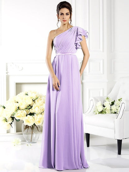 Charming One Shoulder Ruffles Sleeveless Long Chiffon Bridesmaid Dresses