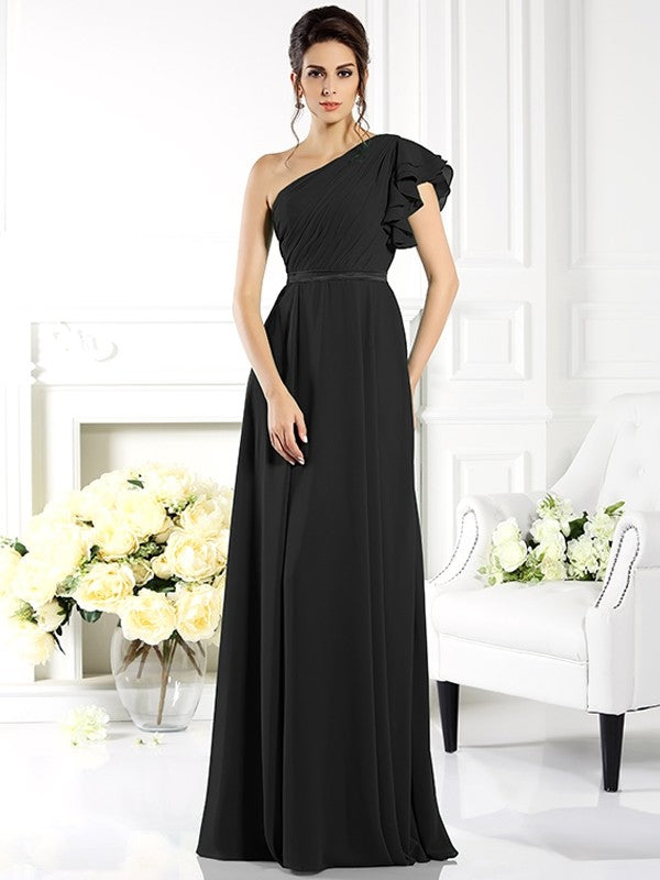 Charming One Shoulder Ruffles Sleeveless Long Chiffon Bridesmaid Dresses